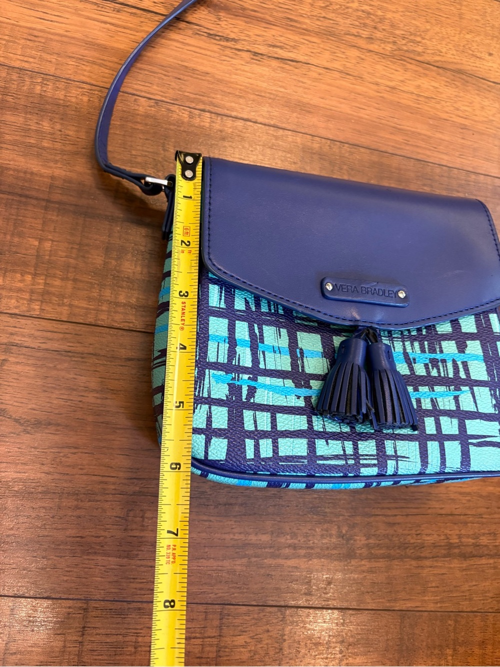 VERA BRADLEY Tassel Crossbody Purse Navy Teal Art Plaid Faux Leather - Picture 7 of 10